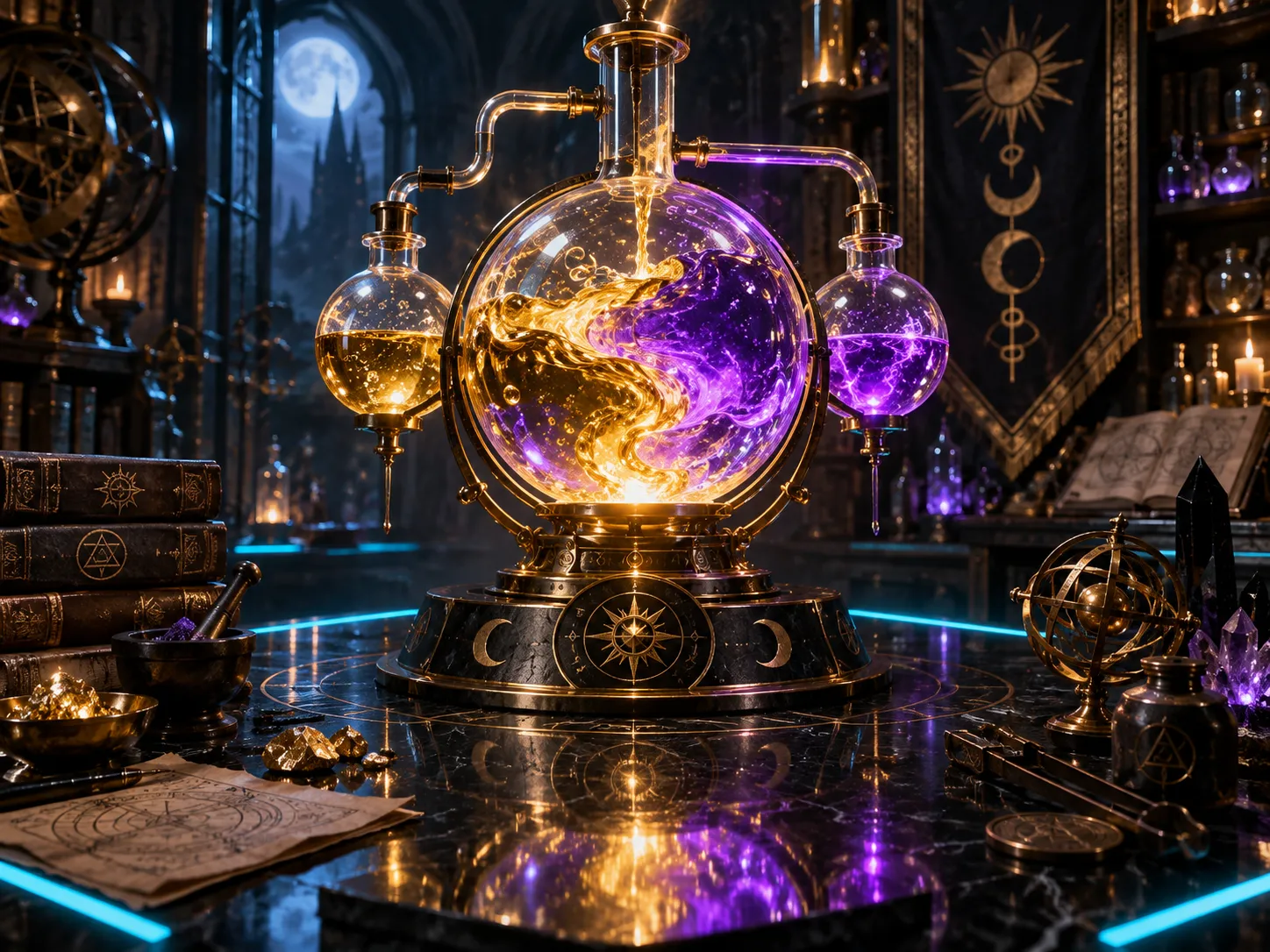 Gold and violet liquids mixing in an alchemist vessel