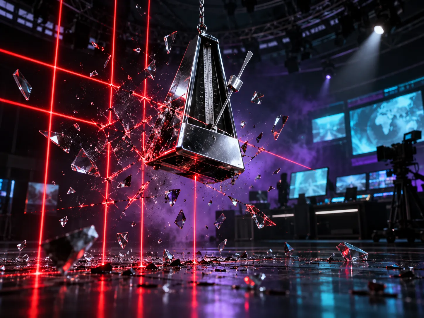 Chrome metronome breaking through a red laser grid