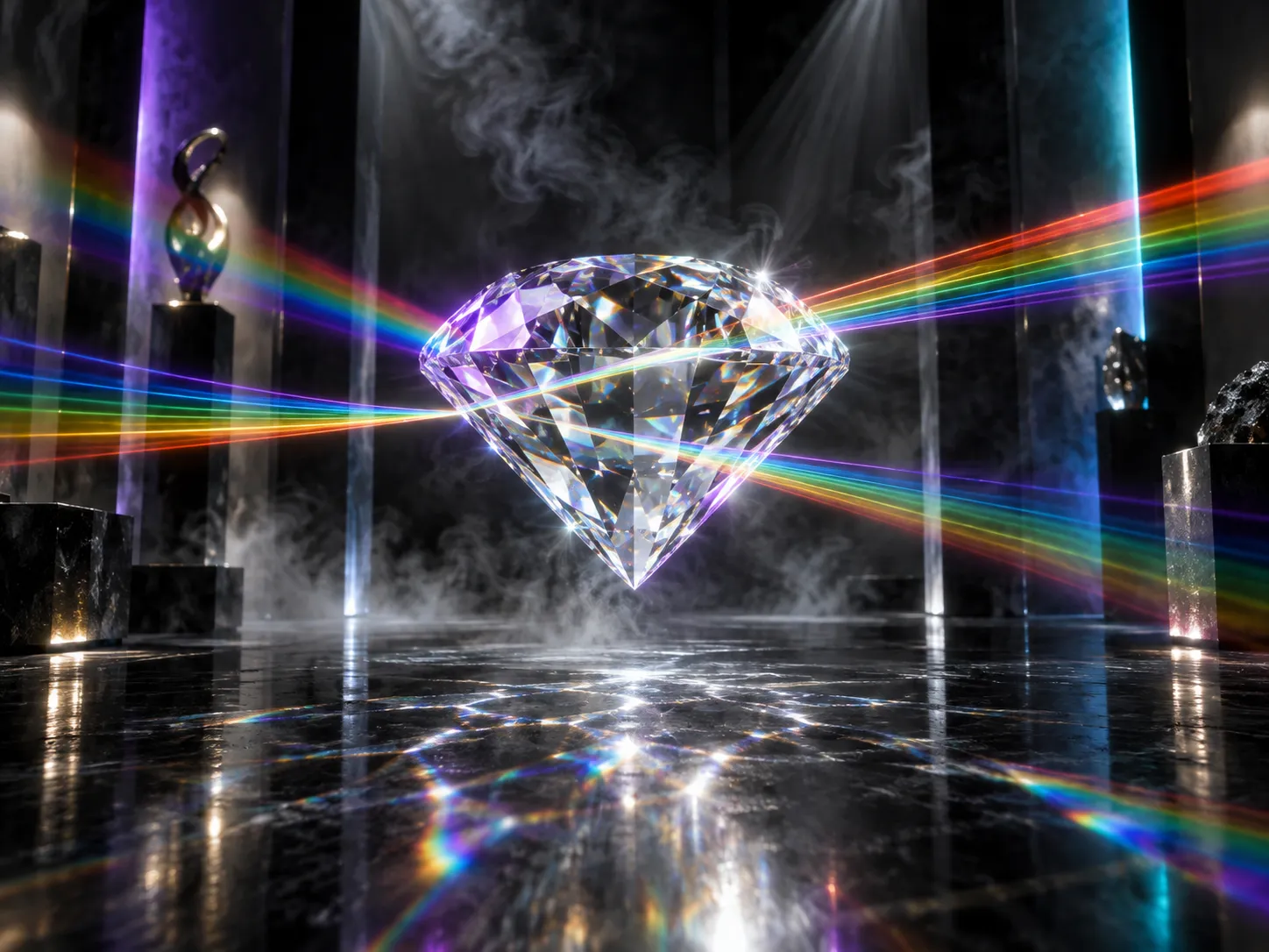 Floating diamond cutting through rainbow laser bands