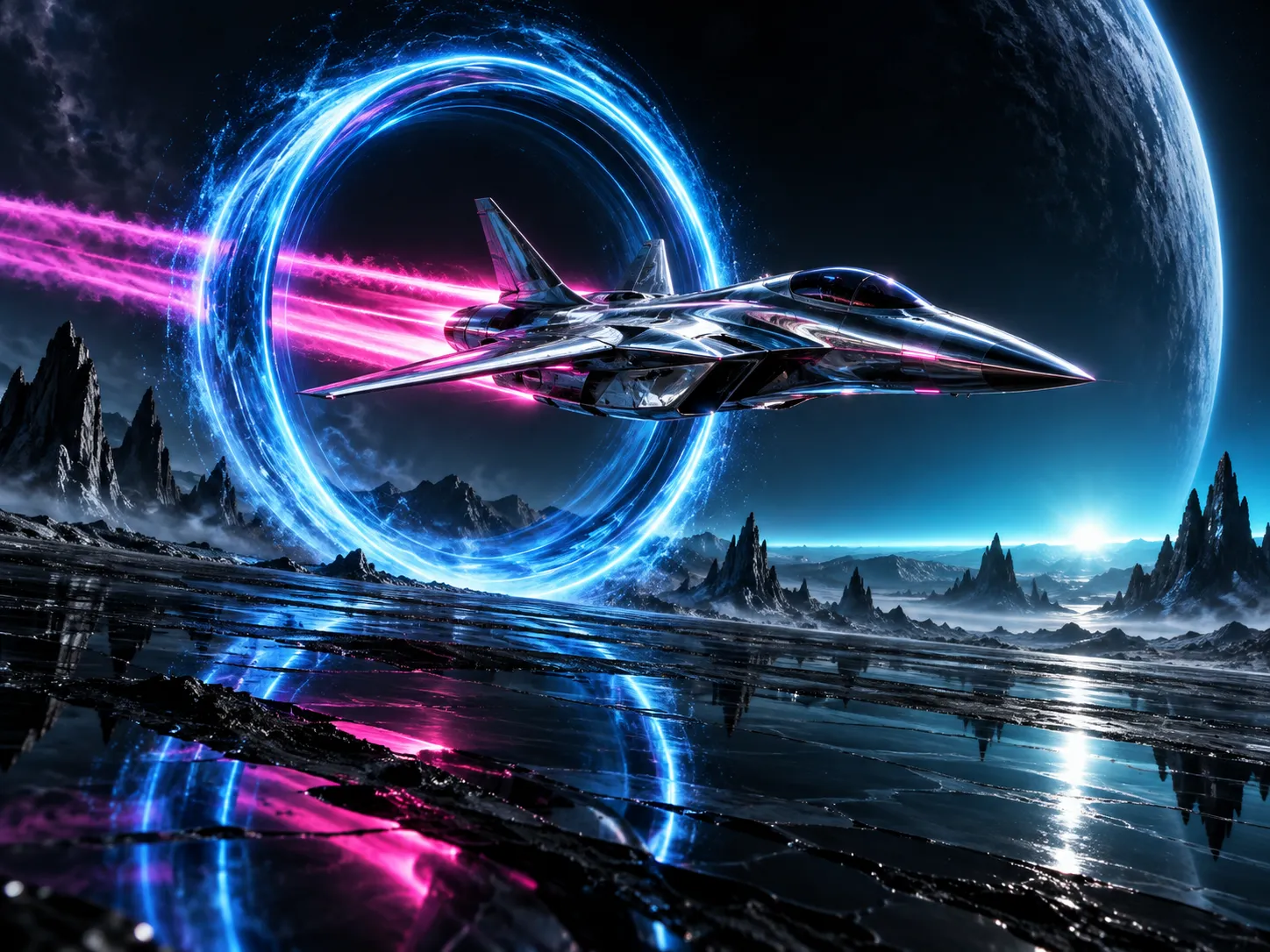 Chrome jet crossing a cobalt sonic ring