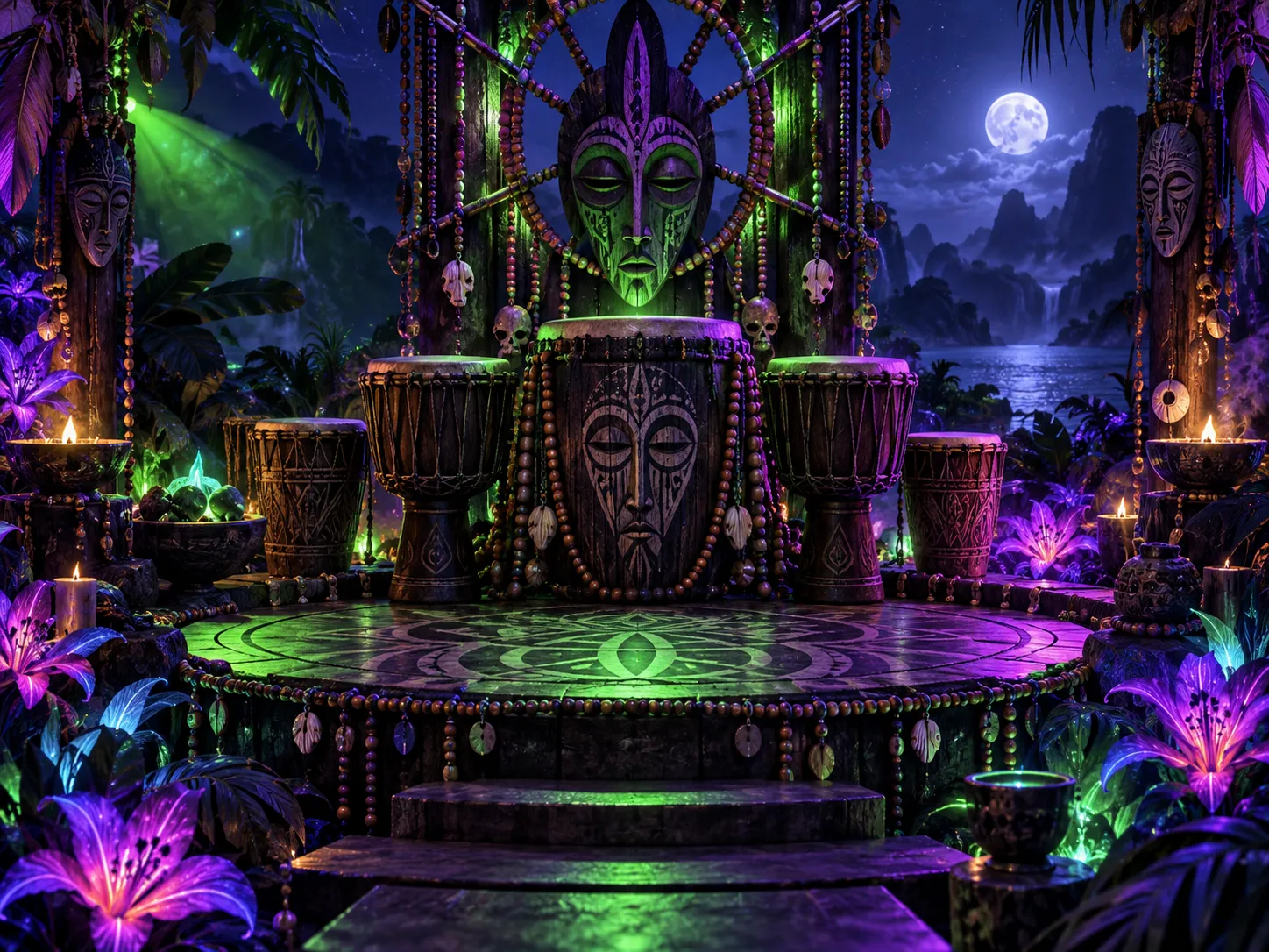 Ultraviolet ritual stage with drums, masks and flowers